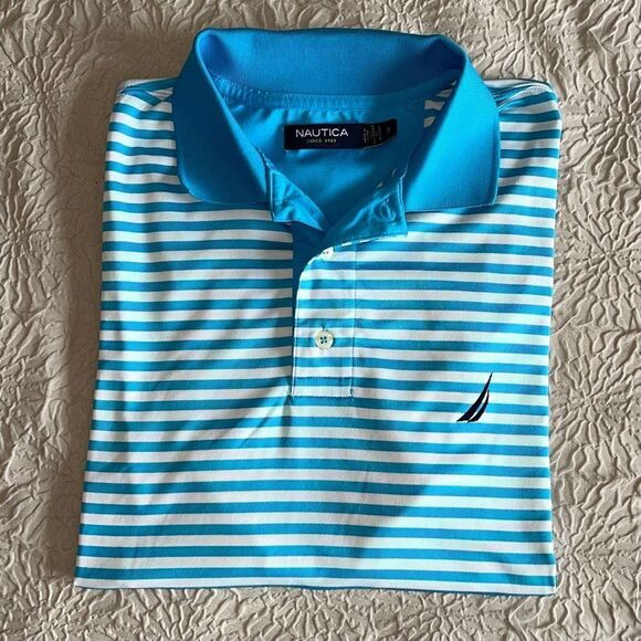 NAUTICA Men's Polo Golf‎ Shirt Striped Short Sleeve Logo Stretch Size Small Aqua - Picture 8 of 8